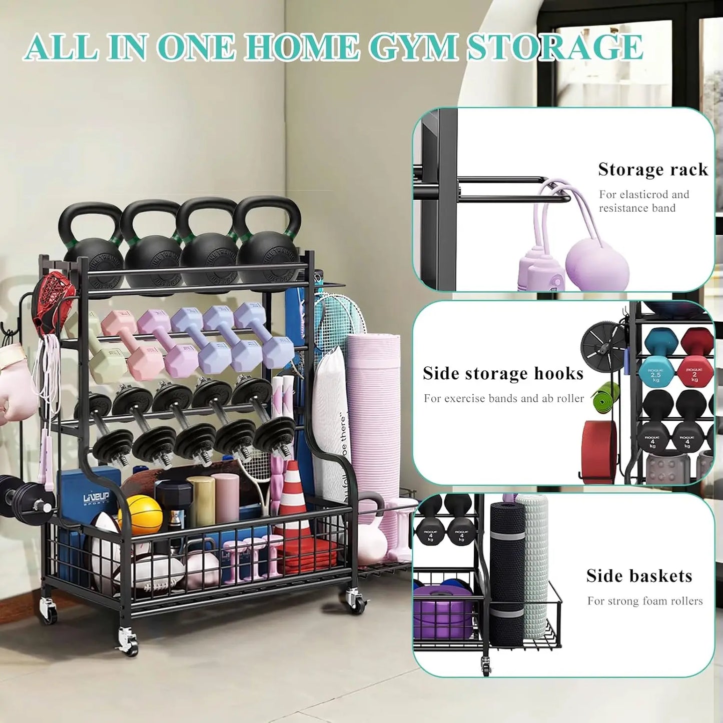 Home Gym Kettlebell and Workout Equipment Rack, Steel Material, Gray Color, Wheels, Hooks and Mesh Top for Storage