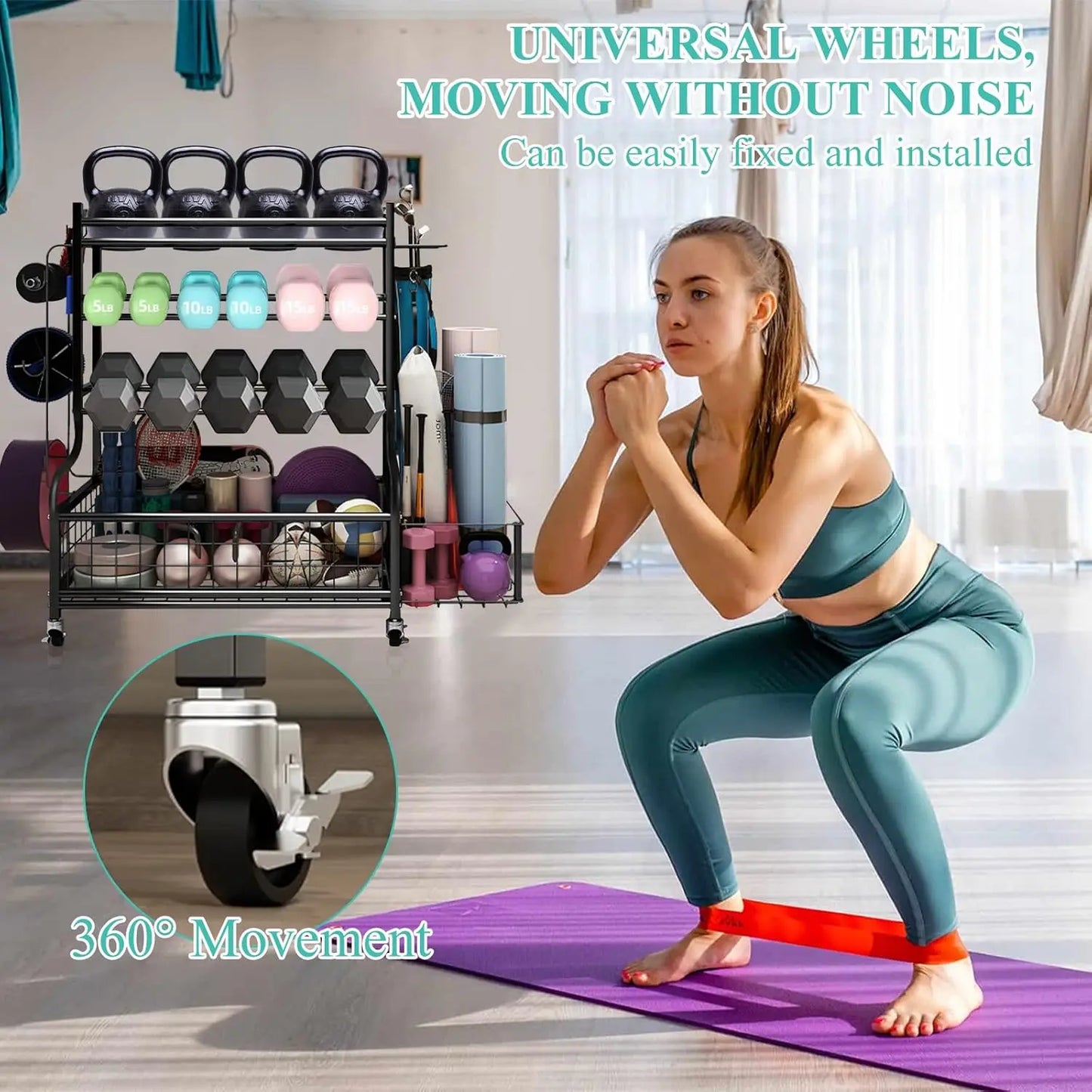 Home Gym Kettlebell and Workout Equipment Rack, Steel Material, Gray Color, Wheels, Hooks and Mesh Top for Storage