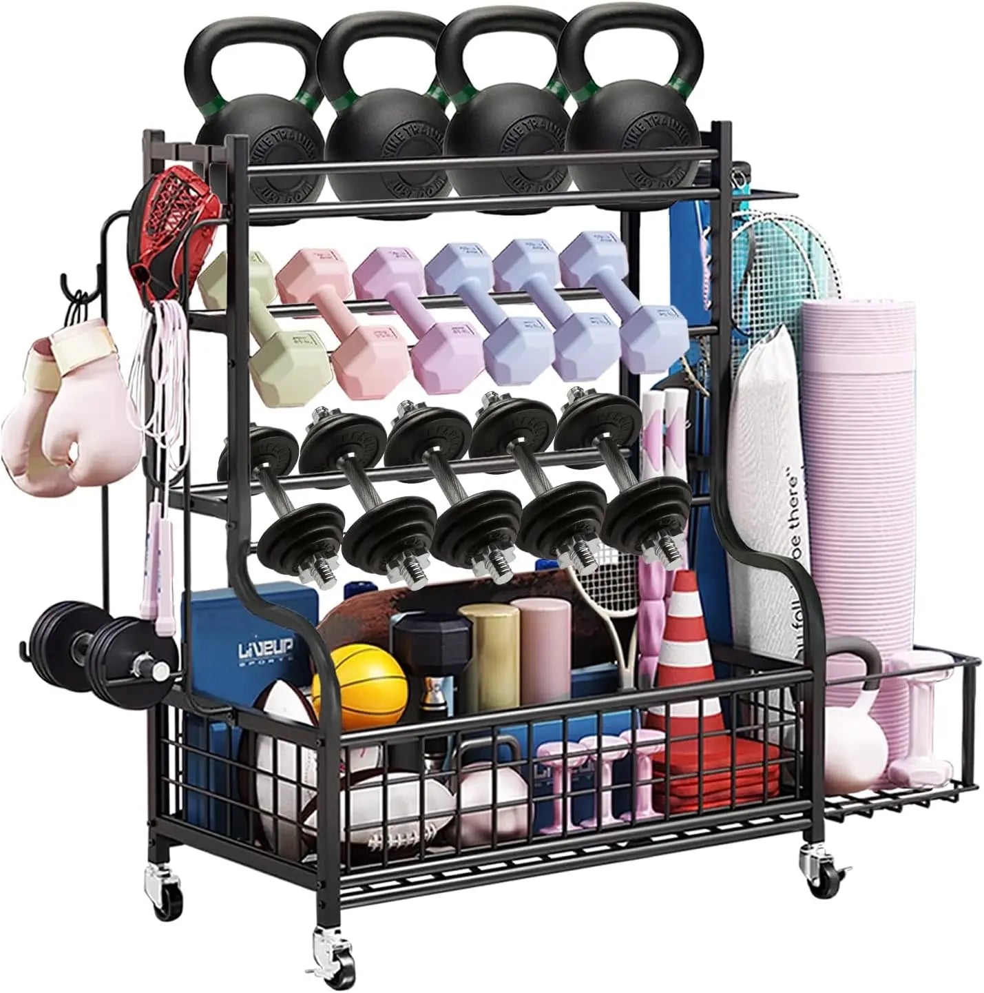 Home Gym Kettlebell and Workout Equipment Rack, Steel Material, Gray Color, Wheels, Hooks and Mesh Top for Storage
