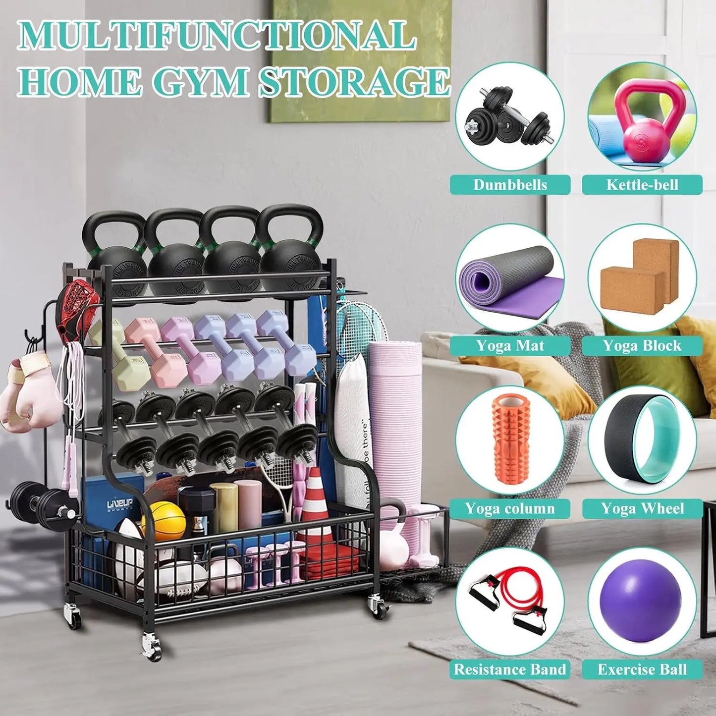 Home Gym Kettlebell and Workout Equipment Rack, Steel Material, Gray Color, Wheels, Hooks and Mesh Top for Storage