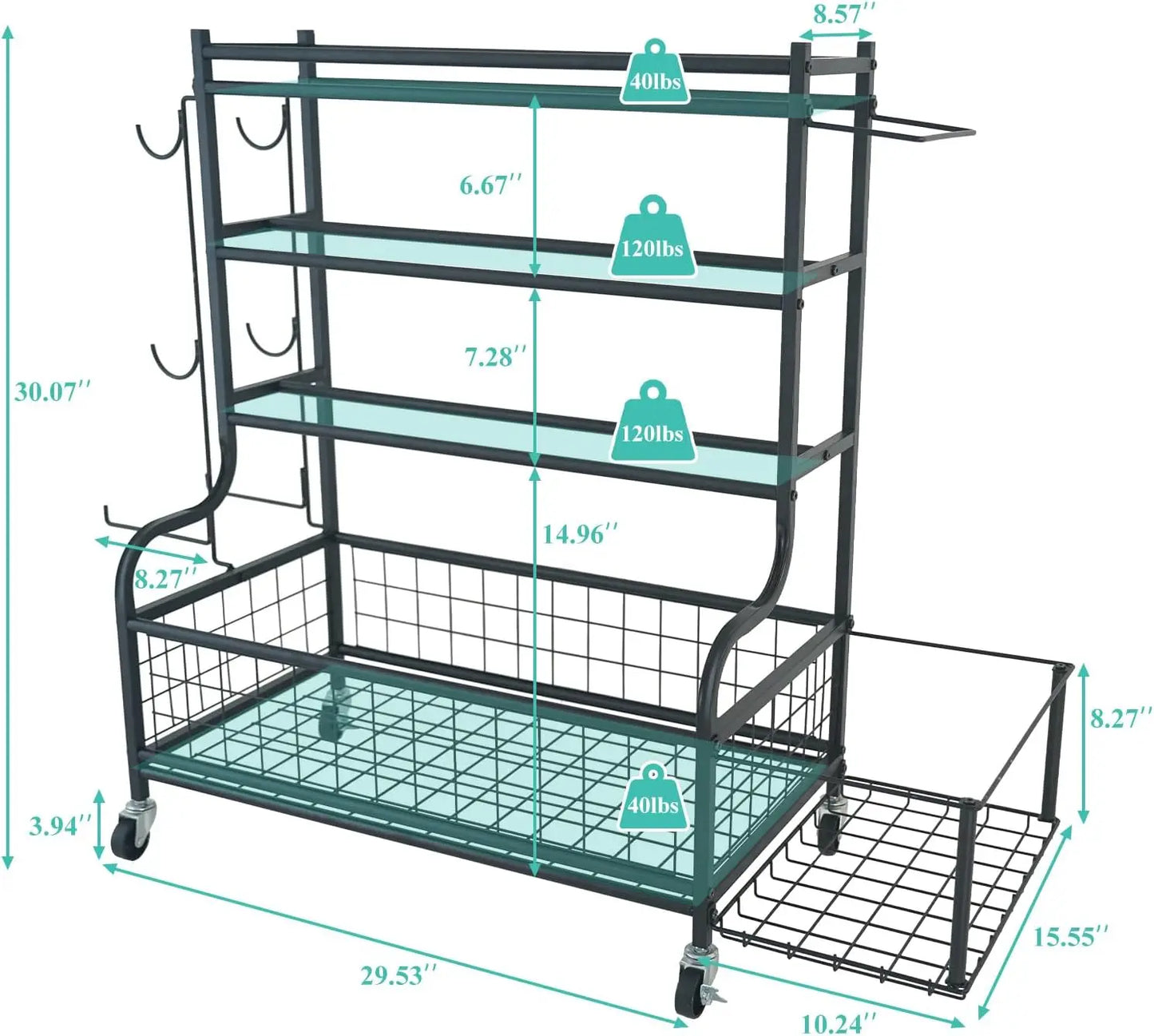 Home Gym Kettlebell and Workout Equipment Rack, Steel Material, Gray Color, Wheels, Hooks and Mesh Top for Storage