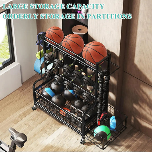 Home Gym Kettlebell and Workout Equipment Rack, Steel Material, Gray Color, Wheels, Hooks and Mesh Top for Storage
